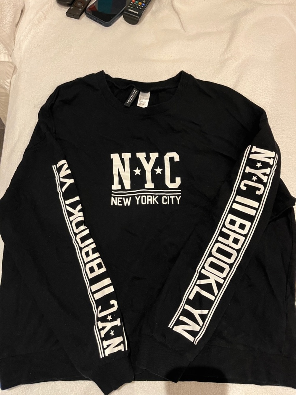 H&M Black Long-Sleeve NYC Graphic Tee with White Sleeve Logos